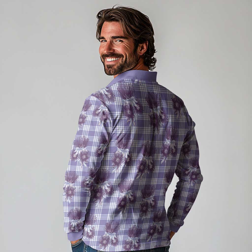 Purple Palaka Hawaii Long Sleeve Polo Shirt Hawaiian Lehua Blossoms