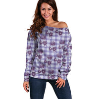 Purple Palaka Hawaii Off Shoulder Sweater Hawaiian Lehua Blossoms LT05 Women Purple - Polynesian Pride