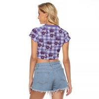 Purple Palaka Hawaii Raglan Cropped T Shirt Hawaiian Lehua Blossoms LT05 - Polynesian Pride