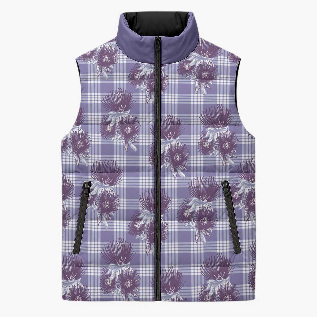 Purple Palaka Hawaii Sleeveless Puffer Jacket Hawaiian Lehua Blossoms LT05 Unisex Purple - Polynesian Pride