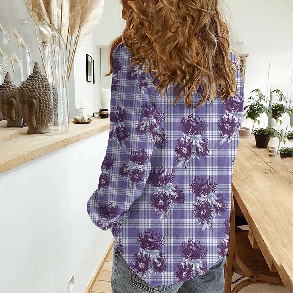 Purple Palaka Hawaii Women Casual Shirt Hawaiian Lehua Blossoms