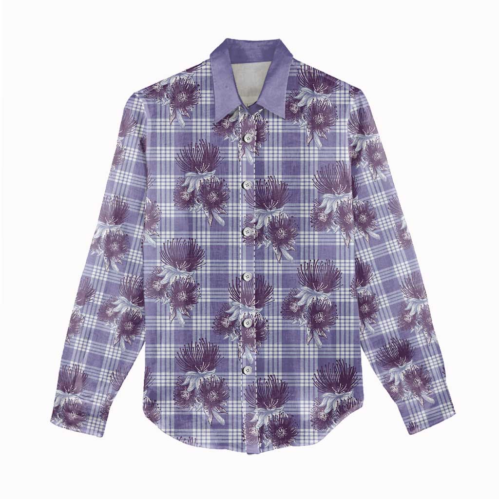 Purple Palaka Hawaii Women Casual Shirt Hawaiian Lehua Blossoms