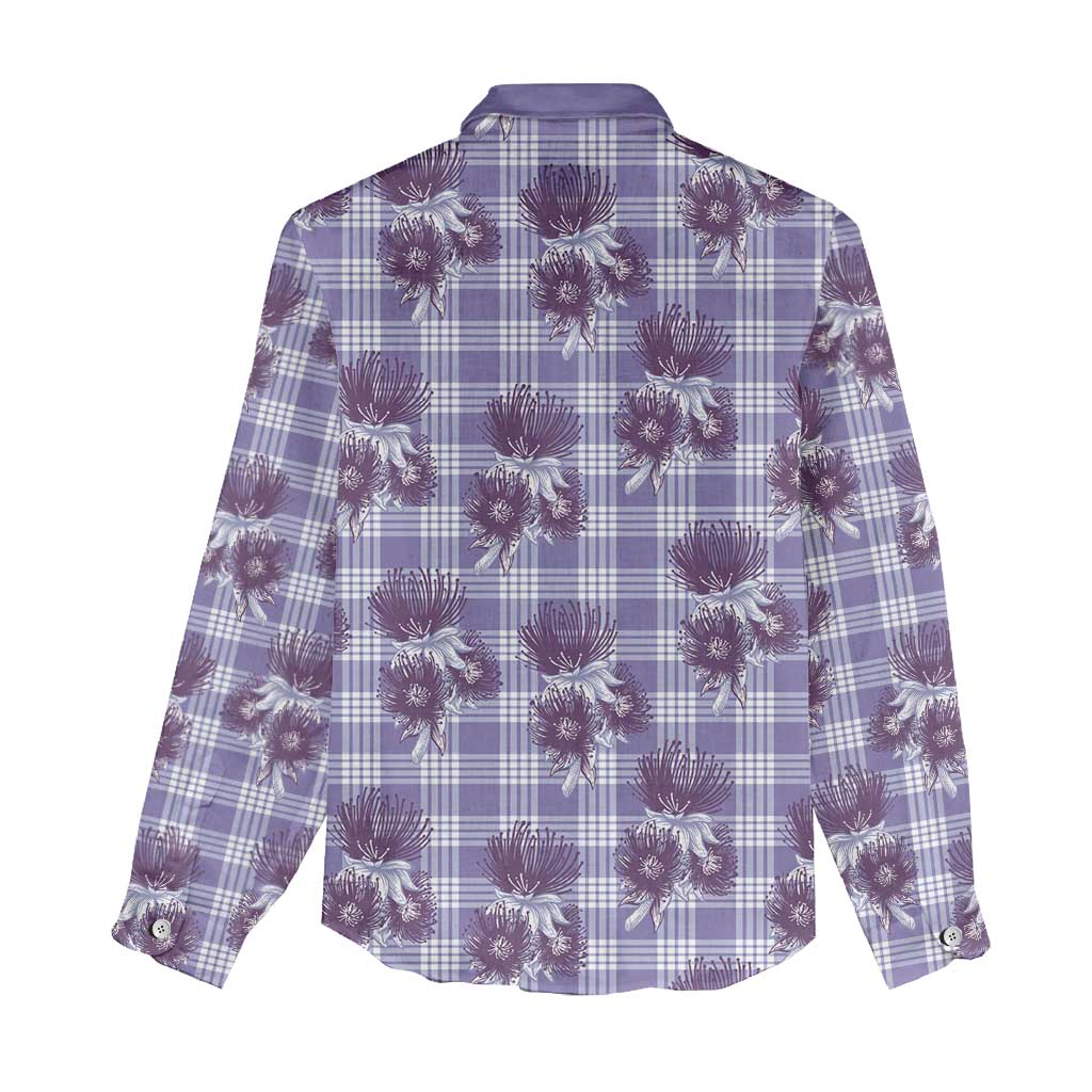 Purple Palaka Hawaii Women Casual Shirt Hawaiian Lehua Blossoms