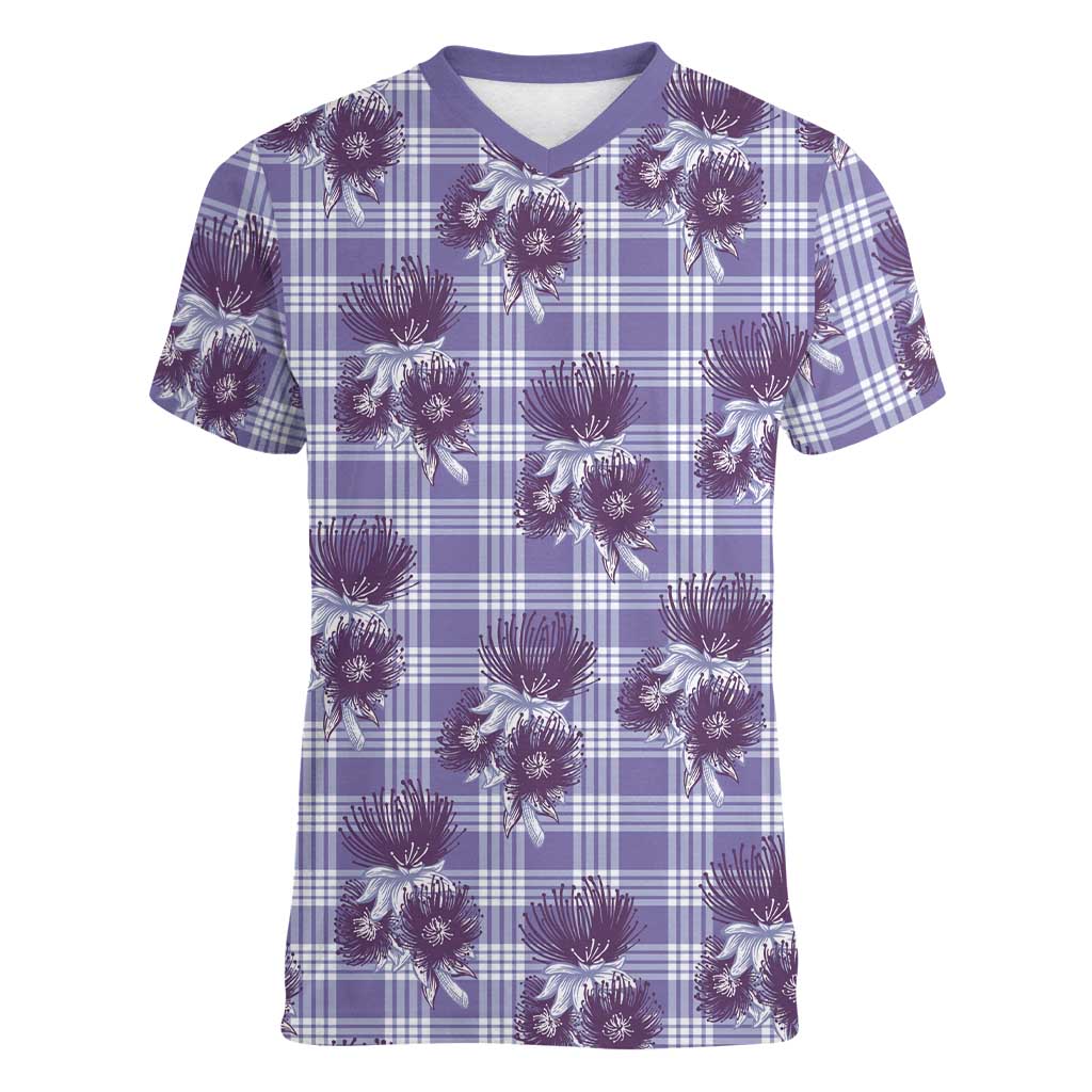 Purple Palaka Hawaii Women V-Neck T-Shirt Hawaiian Lehua Blossoms LT05 Female Purple - Polynesian Pride