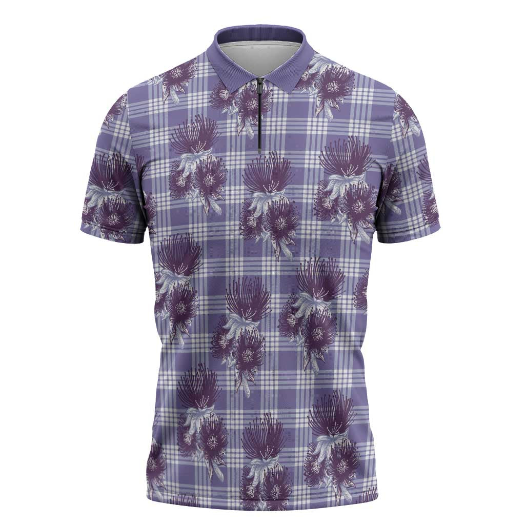Purple Palaka Hawaii Zipper Polo Shirt Hawaiian Lehua Blossoms LT05 Purple - Polynesian Pride