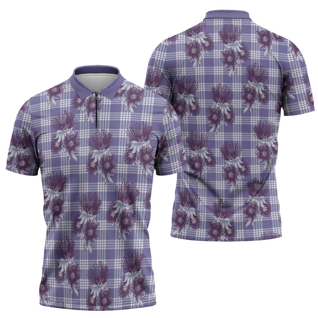 Purple Palaka Hawaii Zipper Polo Shirt Hawaiian Lehua Blossoms LT05 - Polynesian Pride