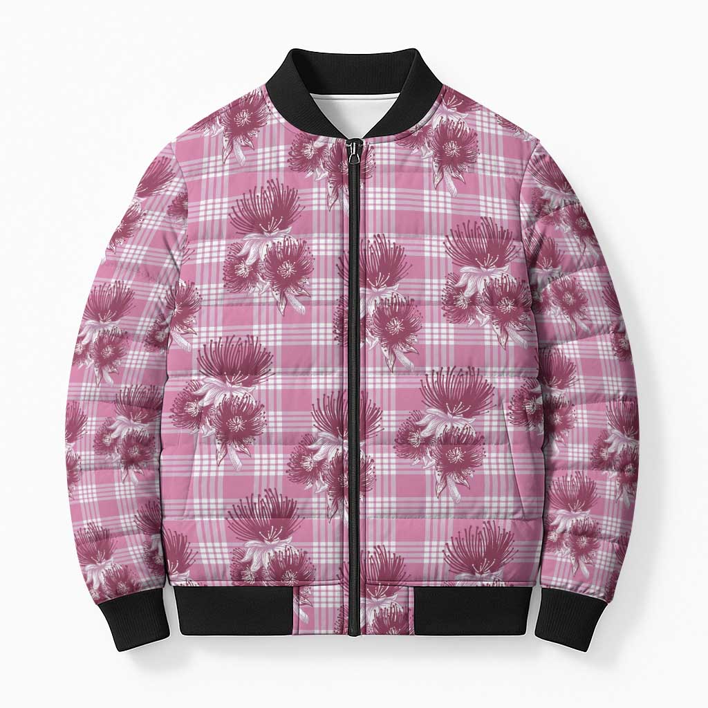 Pink Palaka Hawaii Bomber Puffer Jacket Hawaiian Lehua Blossoms LT05 Unisex Pink - Polynesian Pride
