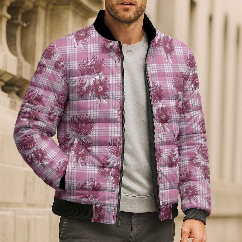 Pink Palaka Hawaii Bomber Puffer Jacket Hawaiian Lehua Blossoms LT05 - Polynesian Pride