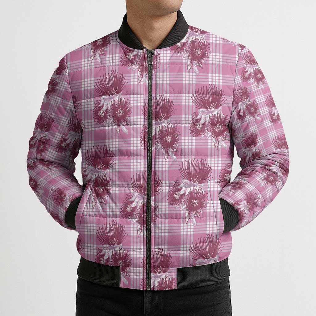 Pink Palaka Hawaii Bomber Puffer Jacket Hawaiian Lehua Blossoms LT05 - Polynesian Pride