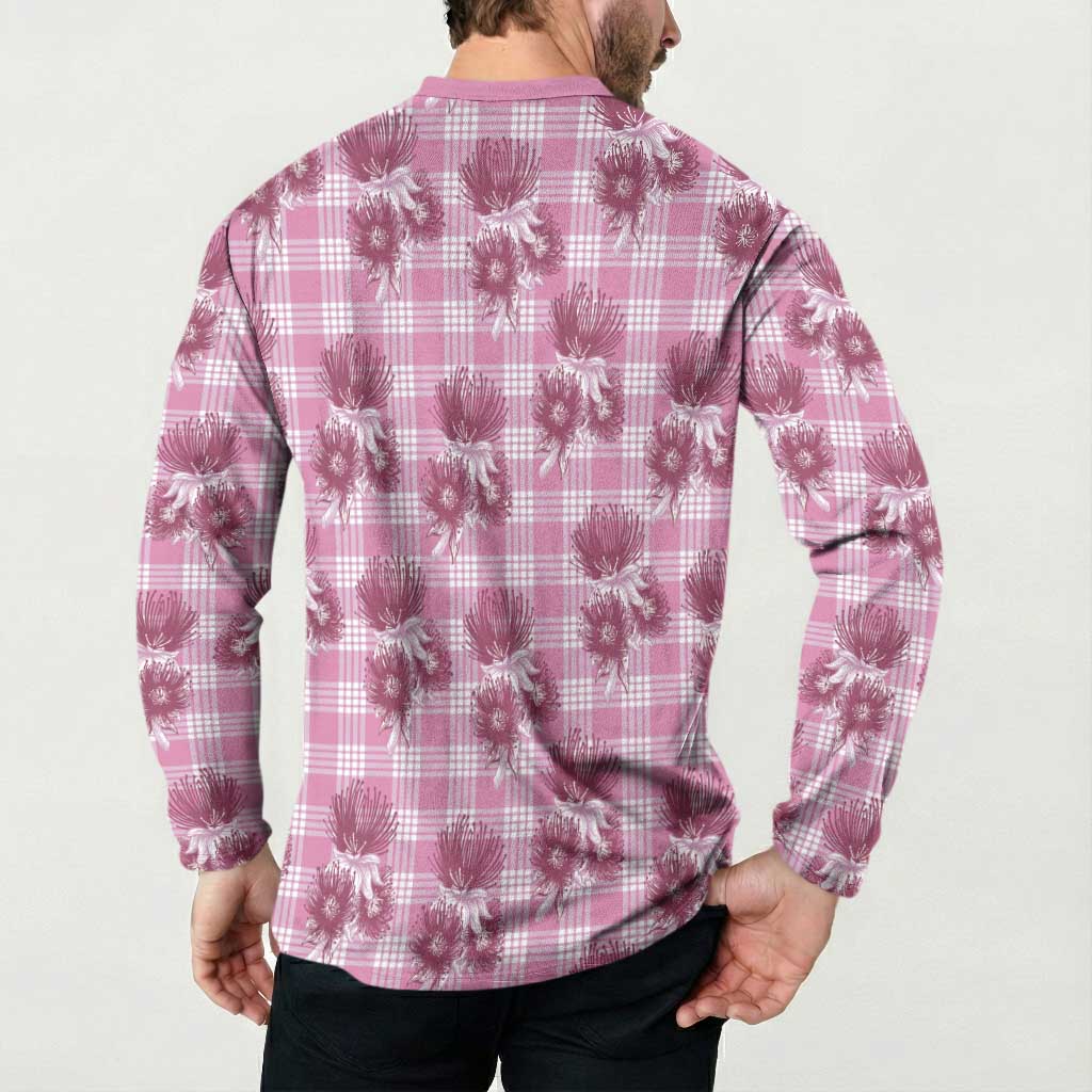 Pink Palaka Hawaii Button Sweatshirt Hawaiian Lehua Blossoms LT05 - Polynesian Pride