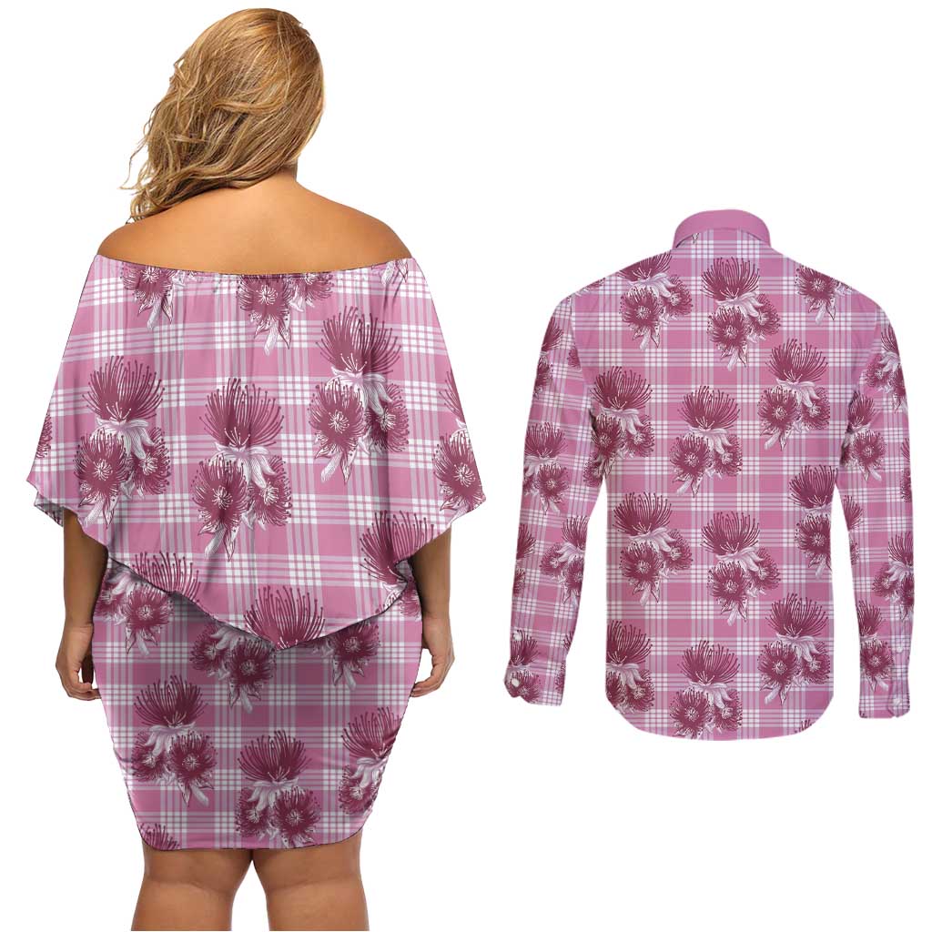 Pink Palaka Hawaii Couples Matching Off Shoulder Short Dress and Long Sleeve Button Shirt Hawaiian Lehua Blossoms