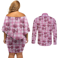 Pink Palaka Hawaii Couples Matching Off Shoulder Short Dress and Long Sleeve Button Shirt Hawaiian Lehua Blossoms
