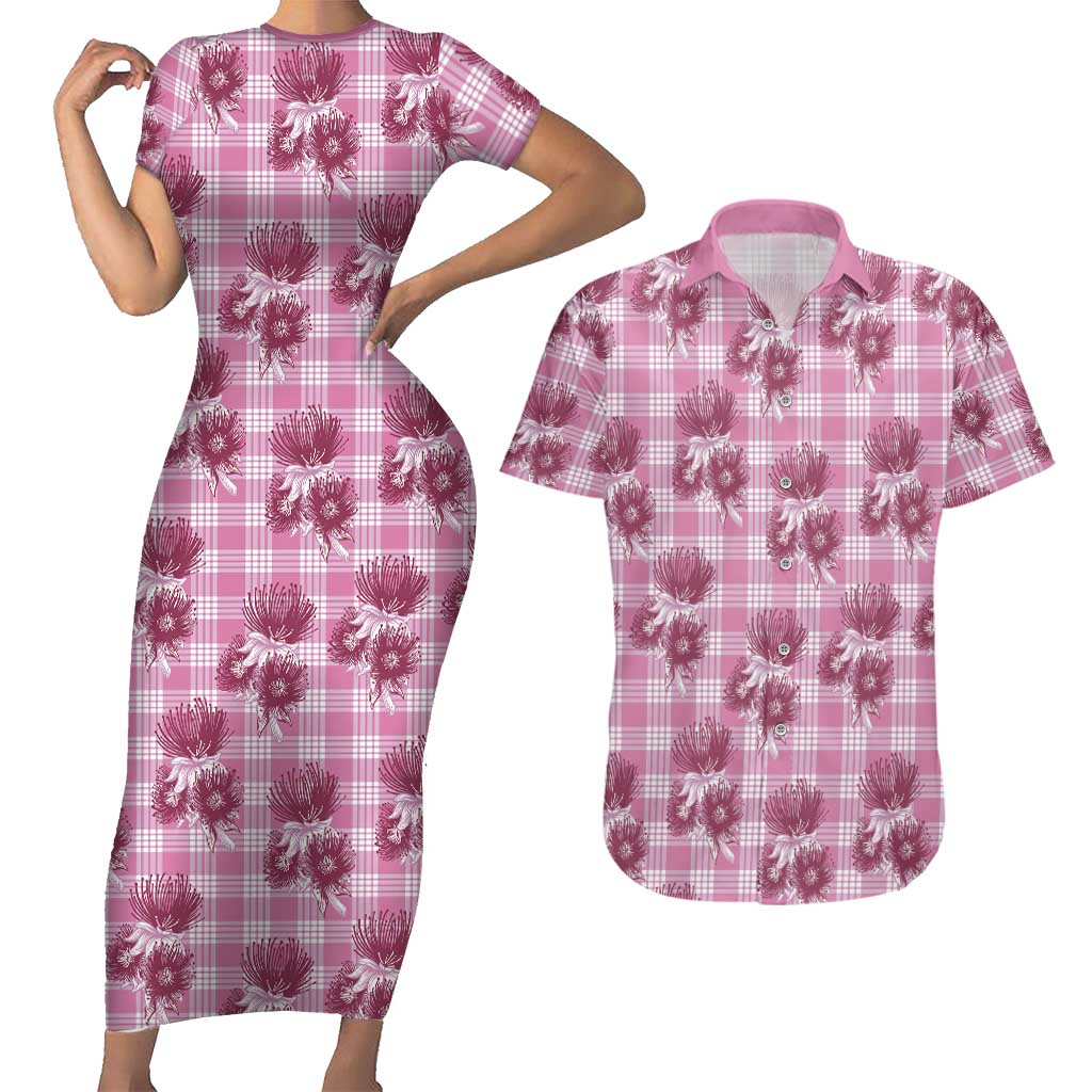 Pink Palaka Hawaii Couples Matching Short Sleeve Bodycon Dress and Hawaiian Shirt Hawaiian Lehua Blossoms