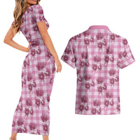 Pink Palaka Hawaii Couples Matching Short Sleeve Bodycon Dress and Hawaiian Shirt Hawaiian Lehua Blossoms