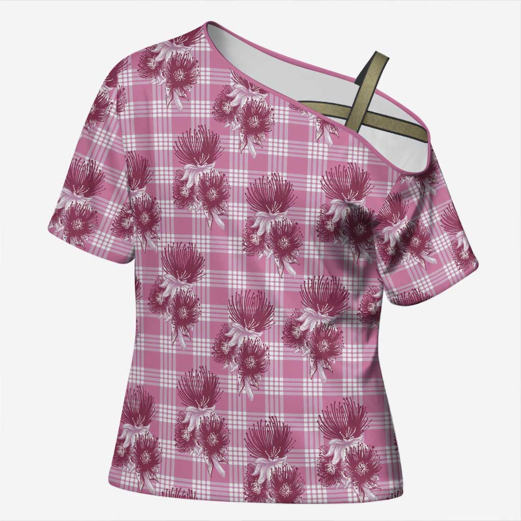 Pink Palaka Hawaii Cross Shoulder Shirt Hawaiian Lehua Blossoms LT05 Female Pink - Polynesian Pride