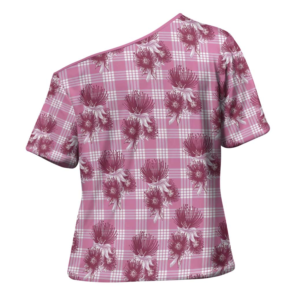 Pink Palaka Hawaii Cross Shoulder Shirt Hawaiian Lehua Blossoms LT05 - Polynesian Pride