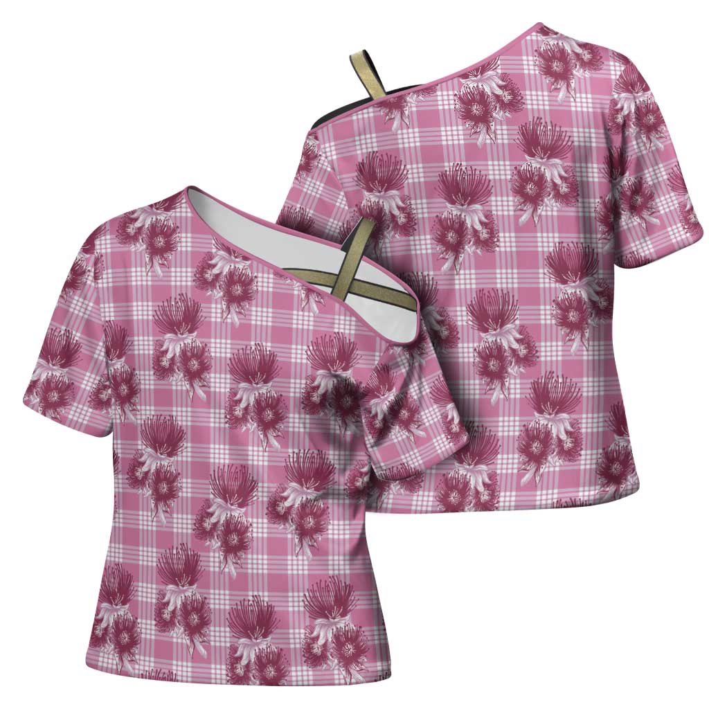 Pink Palaka Hawaii Cross Shoulder Shirt Hawaiian Lehua Blossoms LT05 - Polynesian Pride