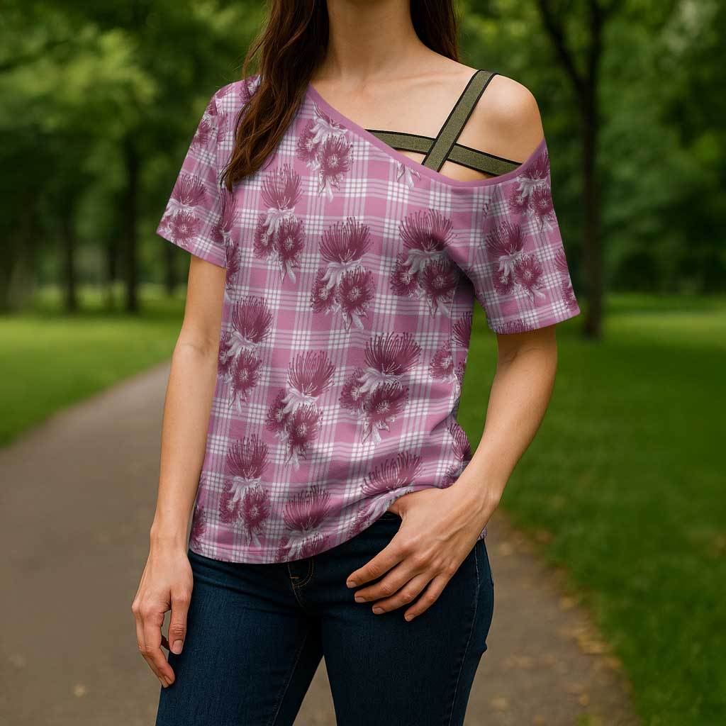 Pink Palaka Hawaii Cross Shoulder Shirt Hawaiian Lehua Blossoms LT05 - Polynesian Pride