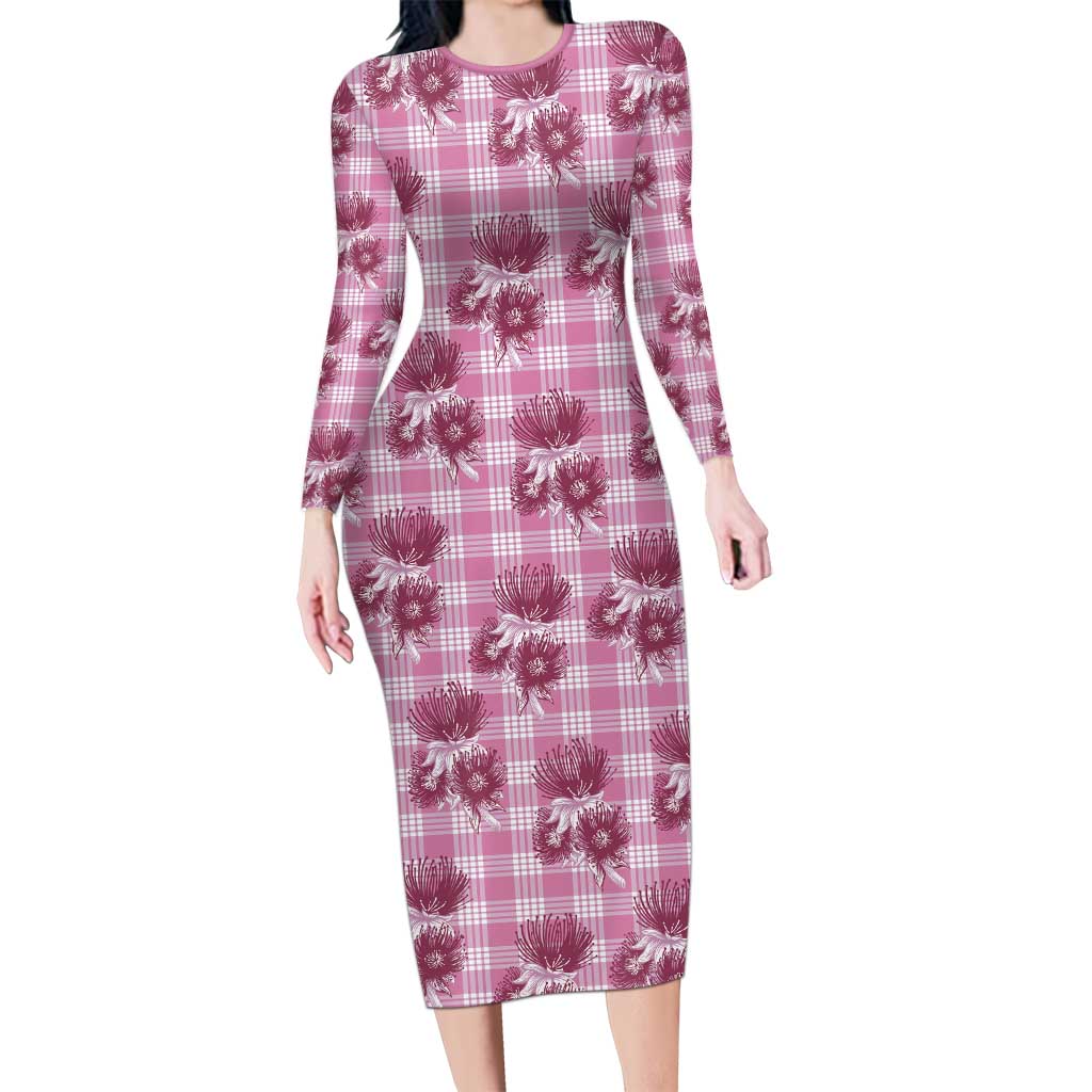 Pink Palaka Hawaii Family Matching Long Sleeve Bodycon Dress and Hawaiian Shirt Hawaiian Lehua Blossoms
