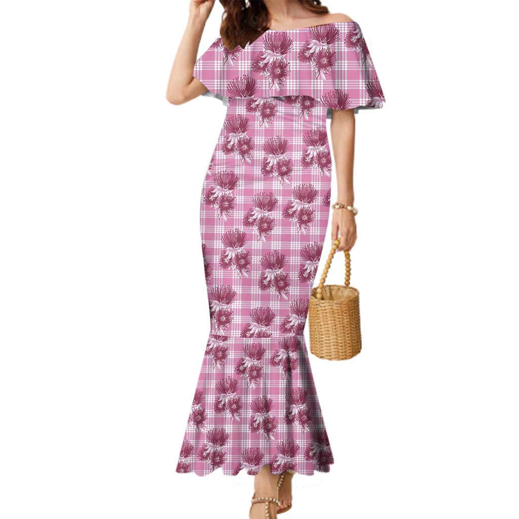 Pink Palaka Hawaii Family Matching Mermaid Dress and Hawaiian Shirt Hawaiian Lehua Blossoms