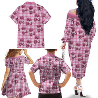 Pink Palaka Hawaii Family Matching Off The Shoulder Long Sleeve Dress and Hawaiian Shirt Hawaiian Lehua Blossoms