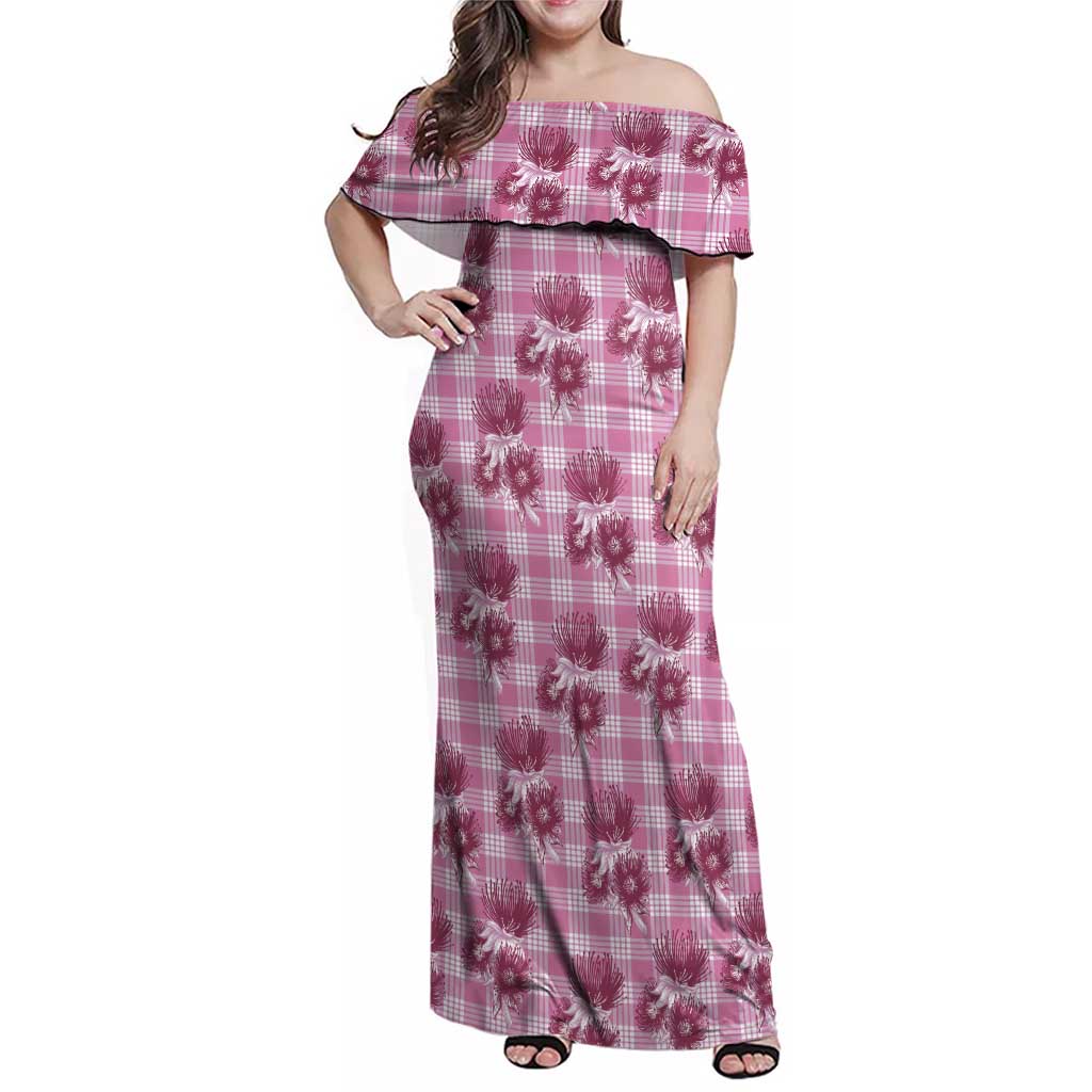 Pink Palaka Hawaii Family Matching Off Shoulder Maxi Dress and Hawaiian Shirt Hawaiian Lehua Blossoms