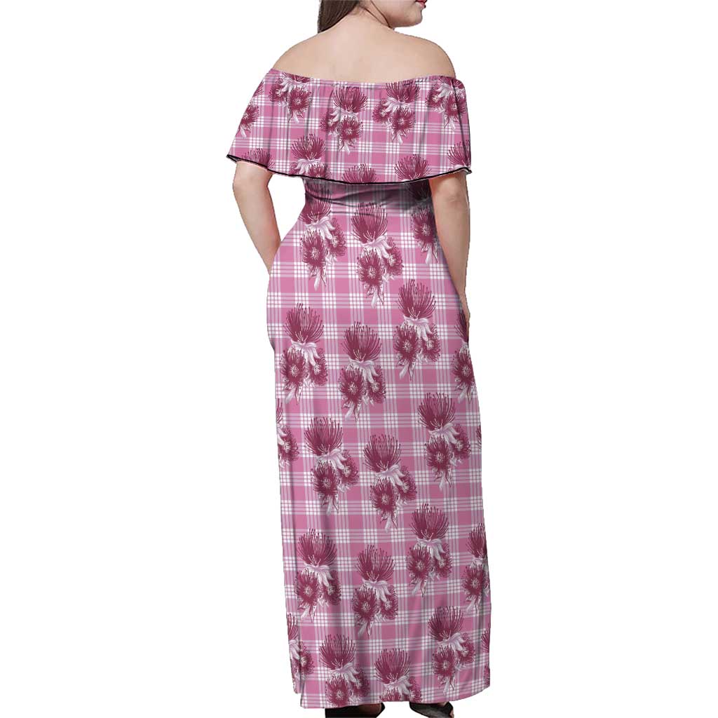 Pink Palaka Hawaii Family Matching Off Shoulder Maxi Dress and Hawaiian Shirt Hawaiian Lehua Blossoms