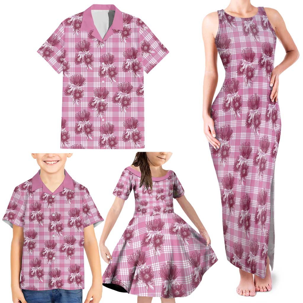 Pink Palaka Hawaii Family Matching Tank Maxi Dress and Hawaiian Shirt Hawaiian Lehua Blossoms