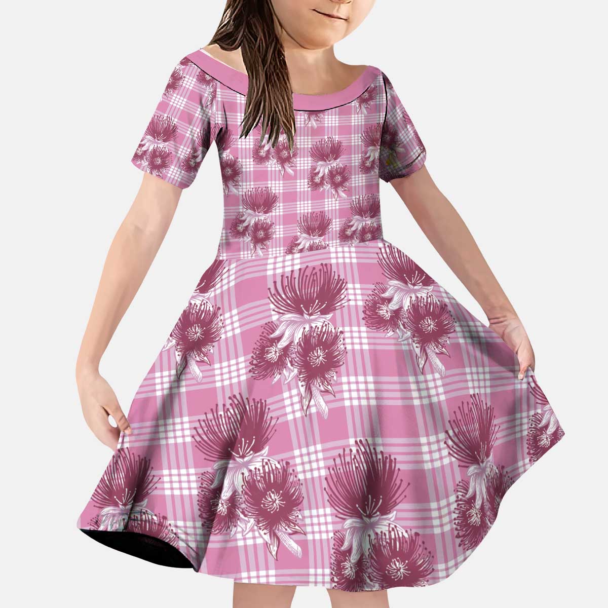 Pink Palaka Hawaii Kid Short Sleeve Dress Hawaiian Lehua Blossoms LT05 KID Pink - Polynesian Pride