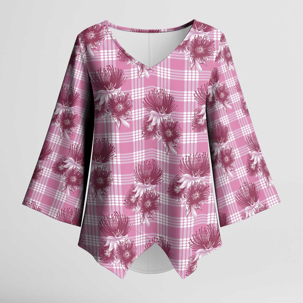 Pink Palaka Hawaii Kimono Sleeve Blouse Hawaiian Lehua Blossoms