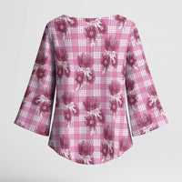 Pink Palaka Hawaii Kimono Sleeve Blouse Hawaiian Lehua Blossoms