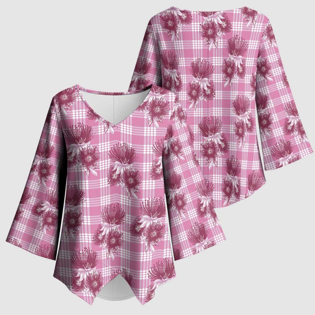 Pink Palaka Hawaii Kimono Sleeve Blouse Hawaiian Lehua Blossoms