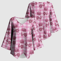 Pink Palaka Hawaii Kimono Sleeve Blouse Hawaiian Lehua Blossoms