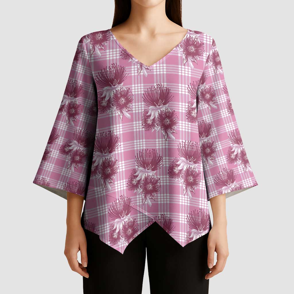 Pink Palaka Hawaii Kimono Sleeve Blouse Hawaiian Lehua Blossoms
