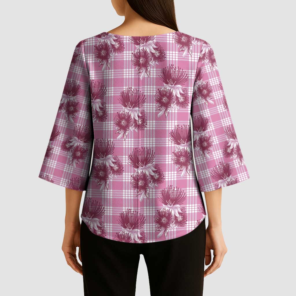 Pink Palaka Hawaii Kimono Sleeve Blouse Hawaiian Lehua Blossoms