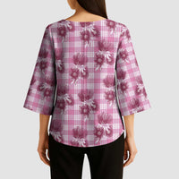 Pink Palaka Hawaii Kimono Sleeve Blouse Hawaiian Lehua Blossoms