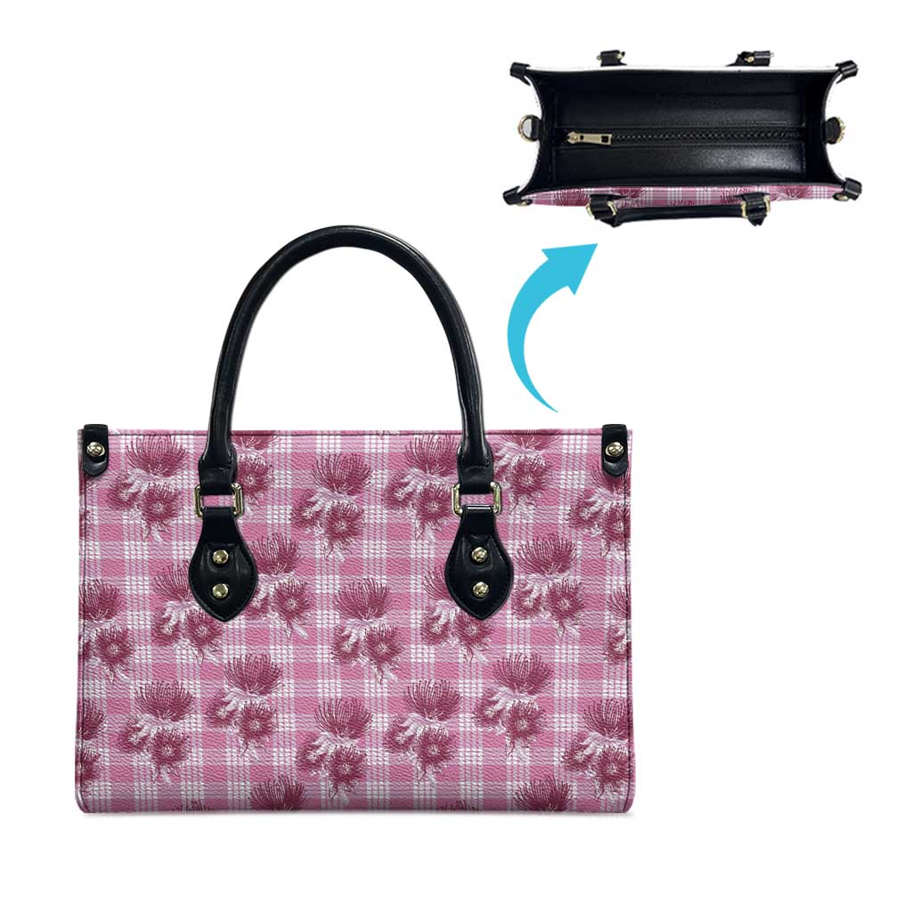 Pink Palaka Hawaii Leather Bag Hawaiian Lehua Blossoms LT05 - Polynesian Pride