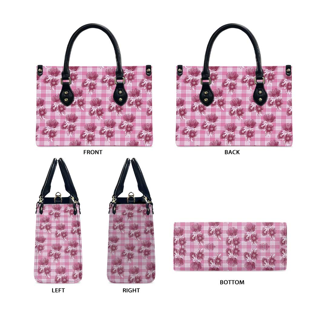 Pink Palaka Hawaii Leather Bag Hawaiian Lehua Blossoms LT05 - Polynesian Pride