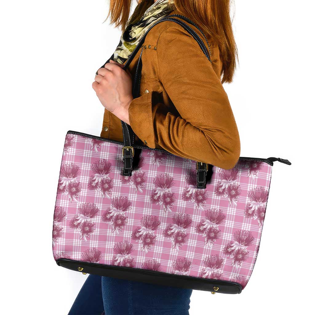 Pink Palaka Hawaii Leather Tote Bag Hawaiian Lehua Blossoms LT05 Pink - Polynesian Pride