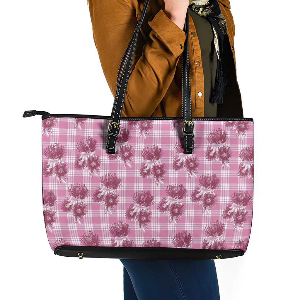 Pink Palaka Hawaii Leather Tote Bag Hawaiian Lehua Blossoms LT05 - Polynesian Pride