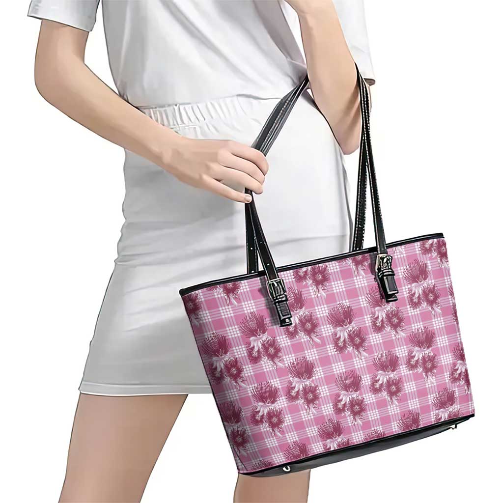 Pink Palaka Hawaii Leather Tote Bag Hawaiian Lehua Blossoms LT05 - Polynesian Pride