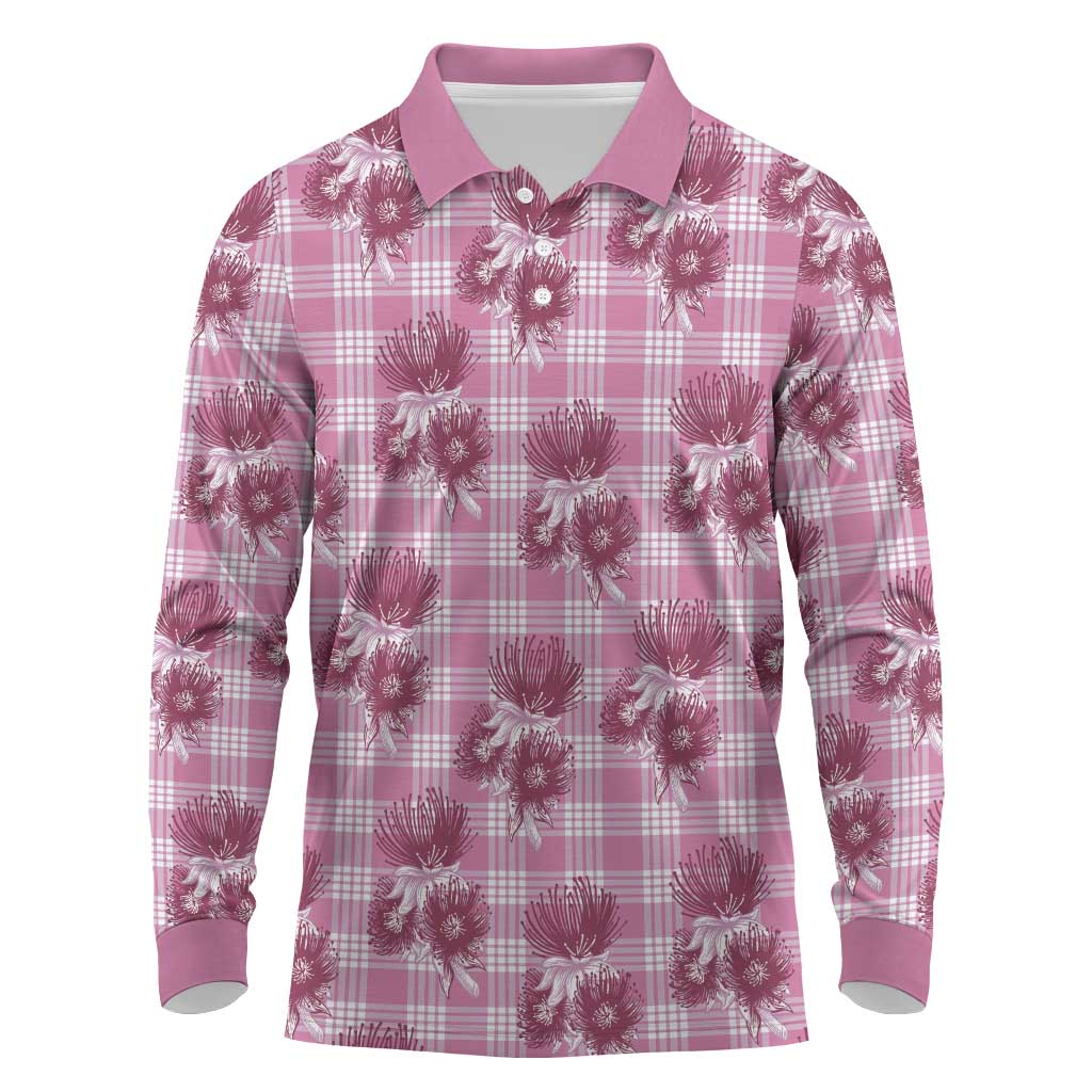 Pink Palaka Hawaii Long Sleeve Polo Shirt Hawaiian Lehua Blossoms LT05 Pink - Polynesian Pride
