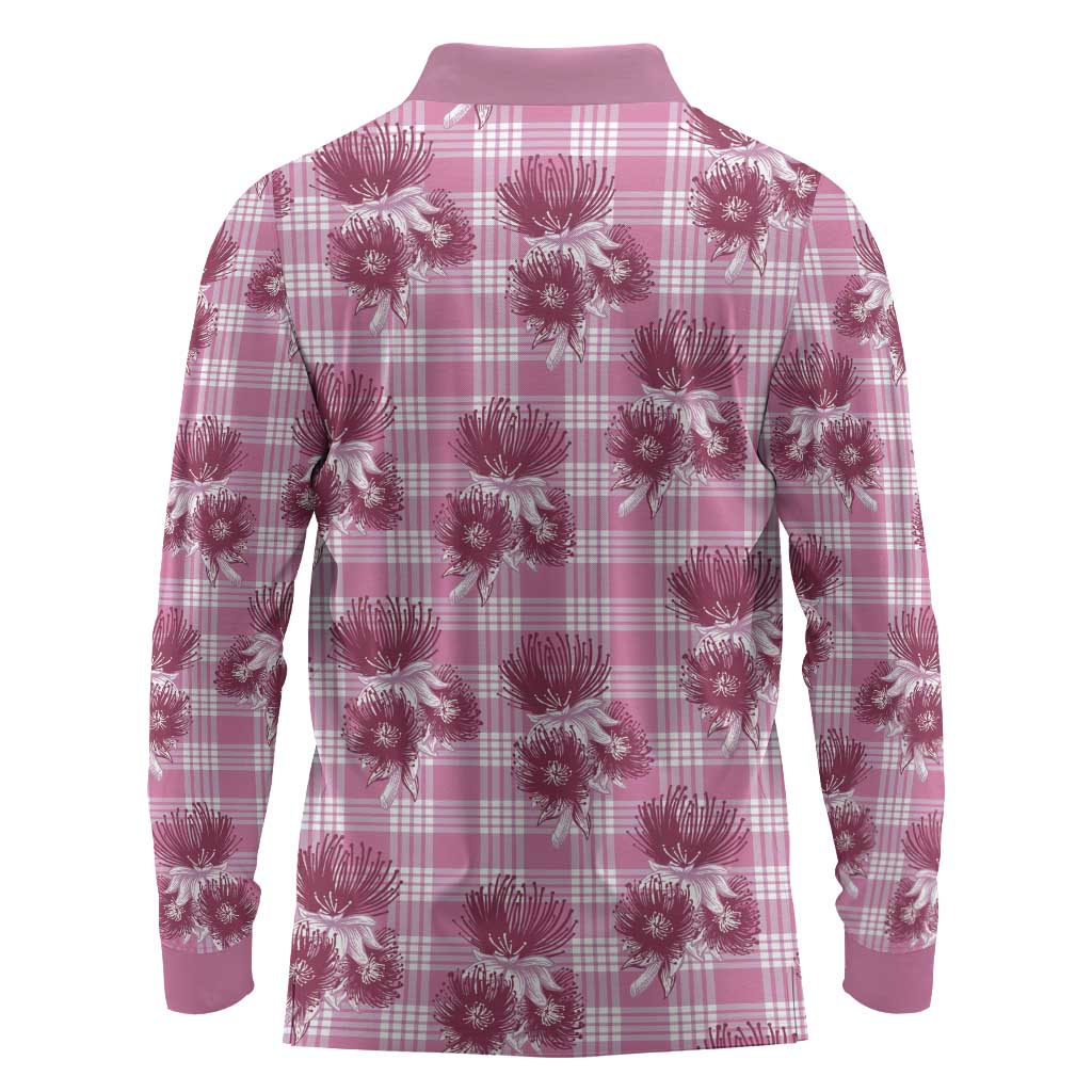 Pink Palaka Hawaii Long Sleeve Polo Shirt Hawaiian Lehua Blossoms LT05 - Polynesian Pride