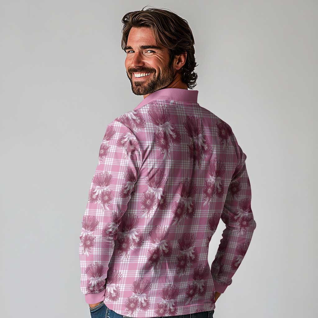 Pink Palaka Hawaii Long Sleeve Polo Shirt Hawaiian Lehua Blossoms LT05 - Polynesian Pride