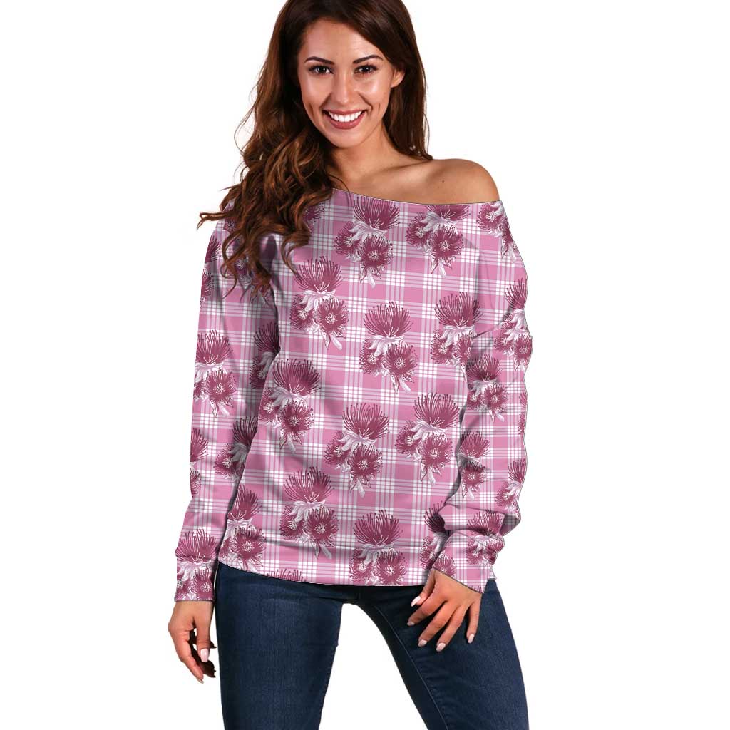 Pink Palaka Hawaii Off Shoulder Sweater Hawaiian Lehua Blossoms LT05 Women Pink - Polynesian Pride