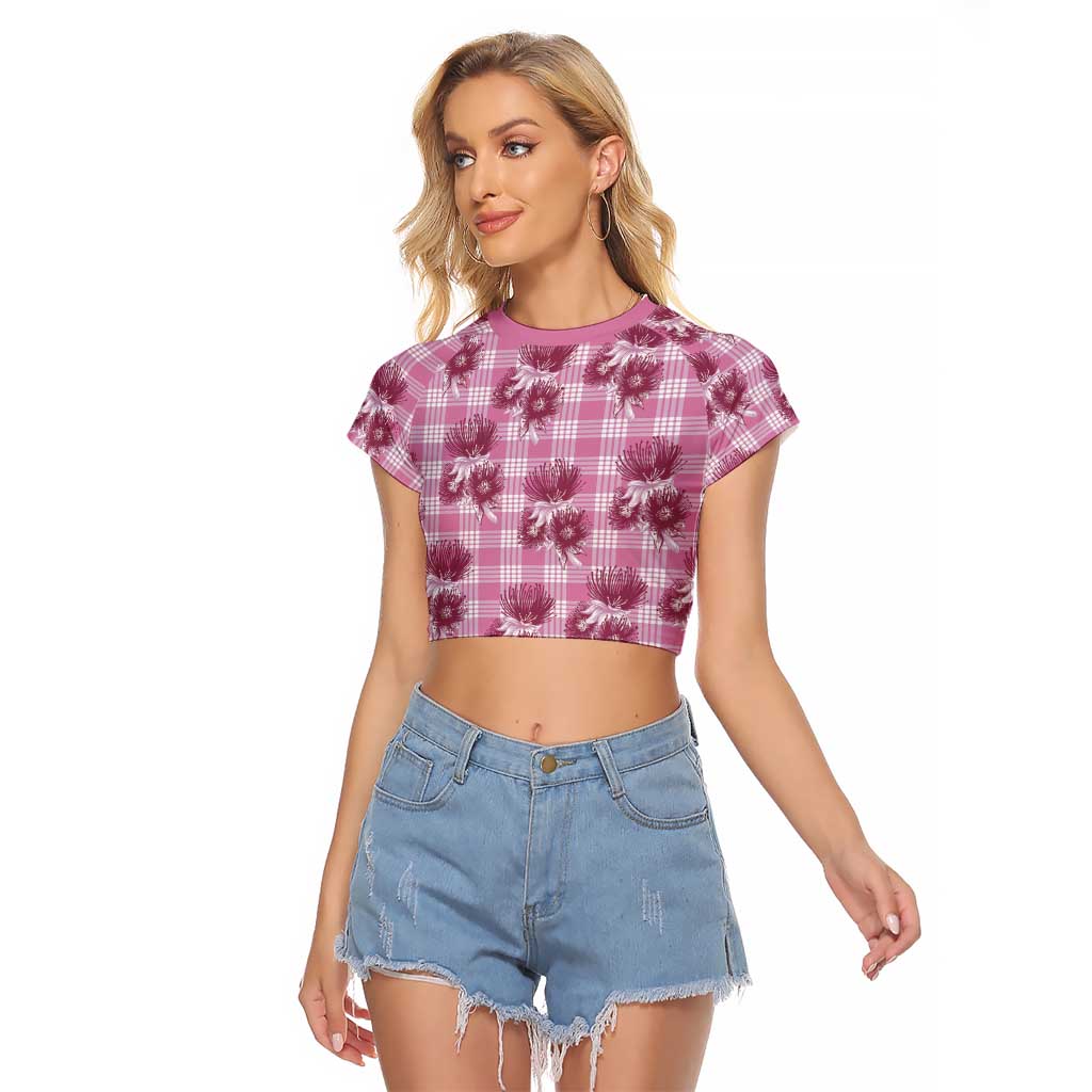 Pink Palaka Hawaii Raglan Cropped T Shirt Hawaiian Lehua Blossoms LT05 Female Pink - Polynesian Pride