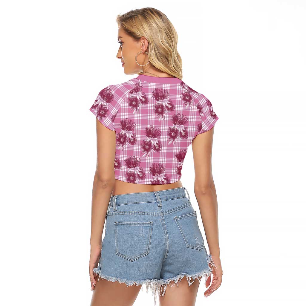 Pink Palaka Hawaii Raglan Cropped T Shirt Hawaiian Lehua Blossoms LT05 - Polynesian Pride