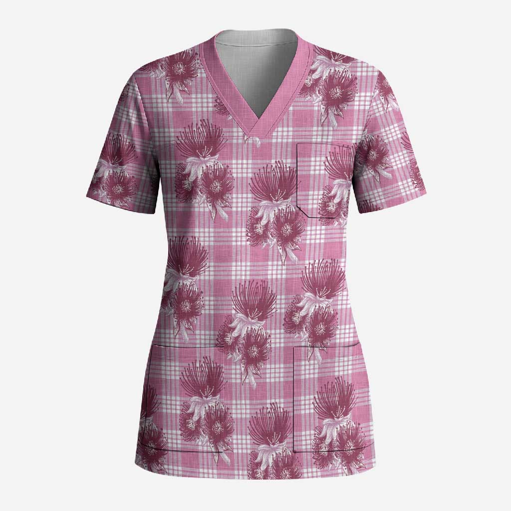 Pink Palaka Hawaii Scrub Top Hawaiian Lehua Blossoms
