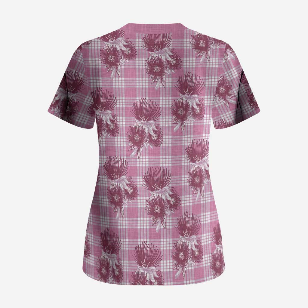 Pink Palaka Hawaii Scrub Top Hawaiian Lehua Blossoms