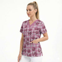 Pink Palaka Hawaii Scrub Top Hawaiian Lehua Blossoms